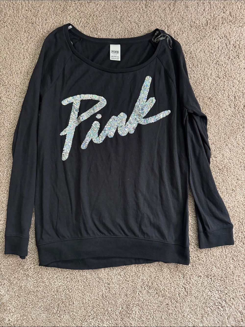 PINK Victoria's Secret Black Long-Sleeve Sweatshirt with Iridescent Sequin Logo